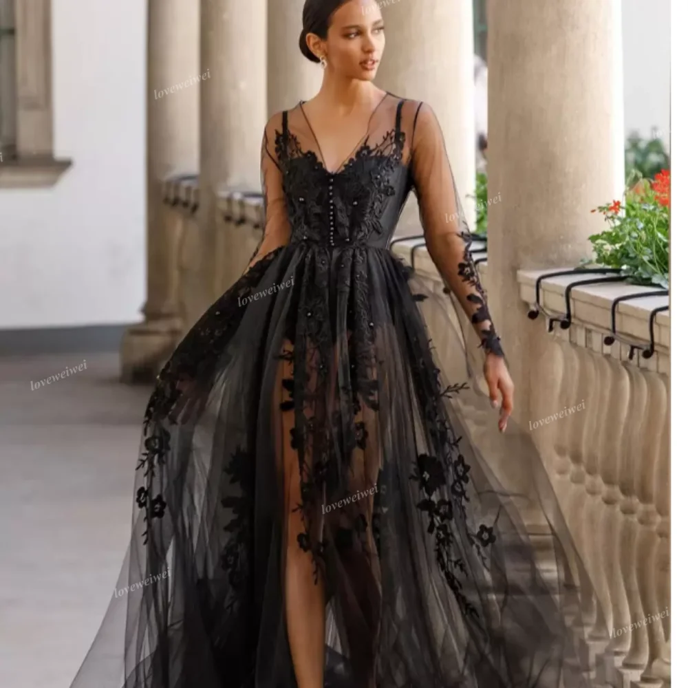 Black Lace Sexy Wedding Dress High Split Tulle Appliques Evening Gown Dress Long Sleeve Mysterious Wedding Gown Vestidos