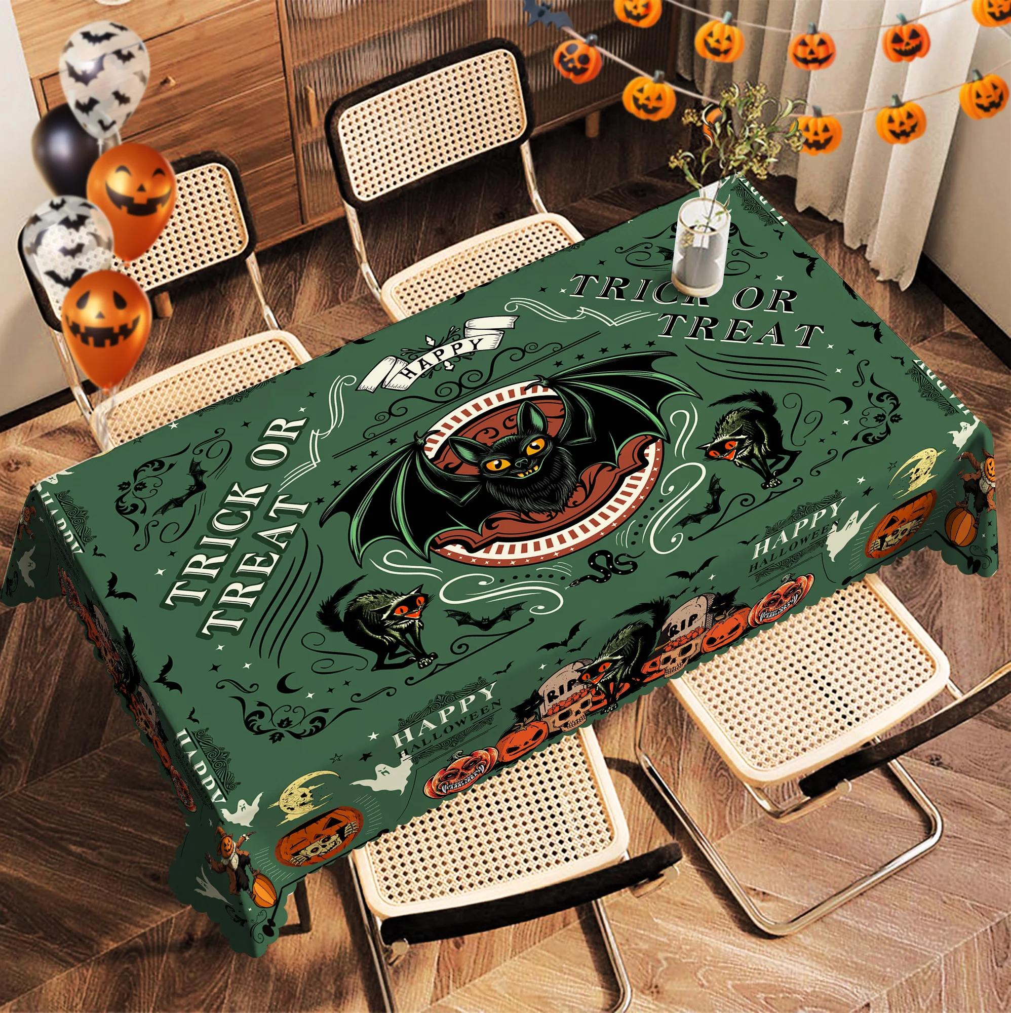 1 Piece, Round/Visect Polyester Tablecloth + 4 Self-Adhesive, Halloween Horror Atmosphere Printing, Pumpkin Head Bat Black Cat Tombstone Skull Ghost Pattern, Embossed Edge, Suitable for Home Kitchen, Living Room Dining Table Balcony Coffee Table, Holiday Party Holiday Decoration Tablecloth, Outdoor Picnic Decoration, Coffee Table Decoration Tablecloth, Perfect Holiday Gift-H152