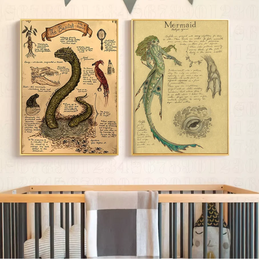 Vintage Basilisk Mermaid Canvas Print Wall Art Frameless Fantasy Scientific Illustration Poster Decor