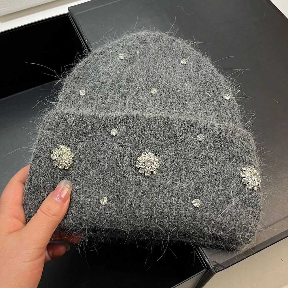 Hat Rhinestone Women Winter Beanie Angora Knit Solid Color Autum Warm Accessory For Cold Weather Outdoor Skiing Sports Holiday