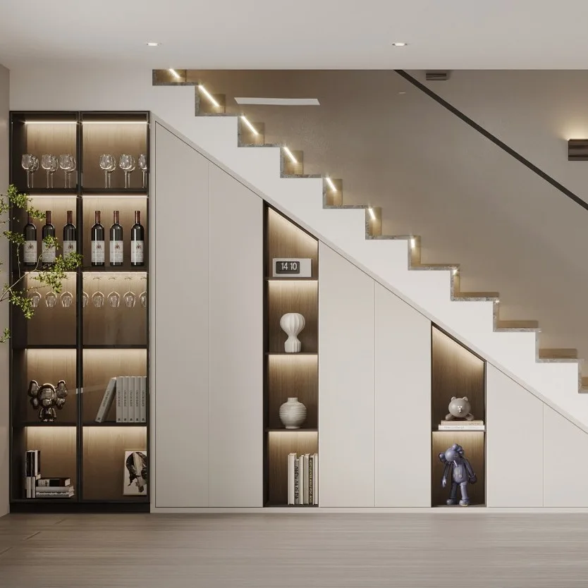 ^Customized Staircase Cabinet with Modern Minimalist Design for Storing Miscellaneous Items on the Stairs