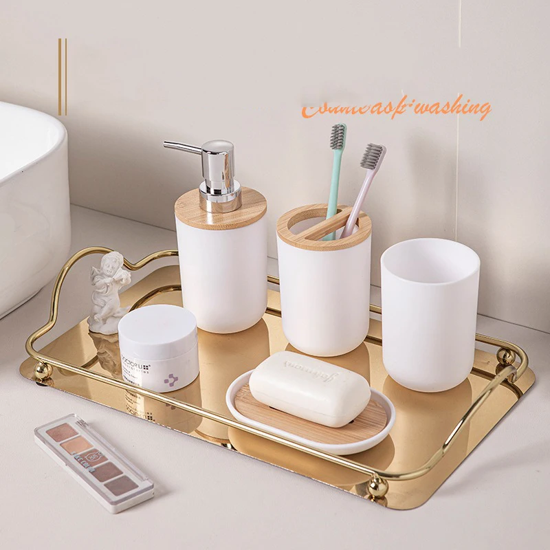 6Pcs/Set Soap Dispenser Box Toilet Brush Lotion Bottle Trash Can Bamboo Plastic Bathroom Storage Set Toothbrush Cup Holder