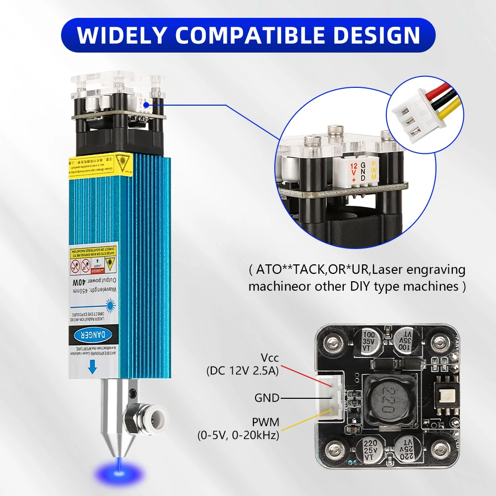 Cabeça do laser da máquina do router do CNC, módulo do laser 40W, 450nm, TTL, PWM, tecnologia FAC, gravura do metal, madeira, acrílico