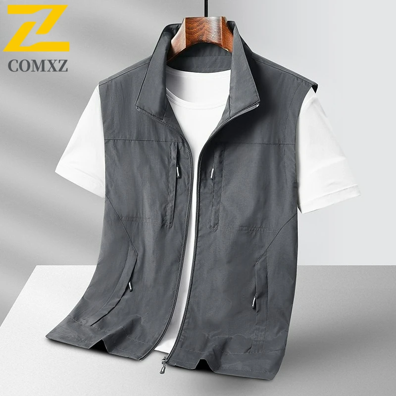 Men Lightweight Utility Vest 2025 New Sleeveless Stand Collar Multi Pocket Vests Outdoor Camping Breathable Versatile Waistcoat