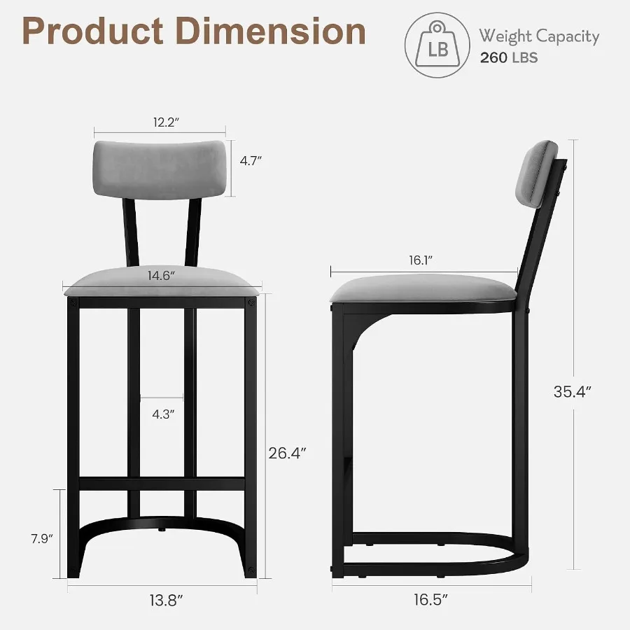 26.4 Inch Counter Height Bar Stools Set of 4 for Island, Gray