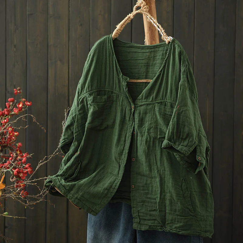 오버사이즈 여성 캐주얼 코튼 셔츠 신상 2025 여름 빈티지 스타일 O넥 단색 루즈핏 여성 탑 셔츠 T624