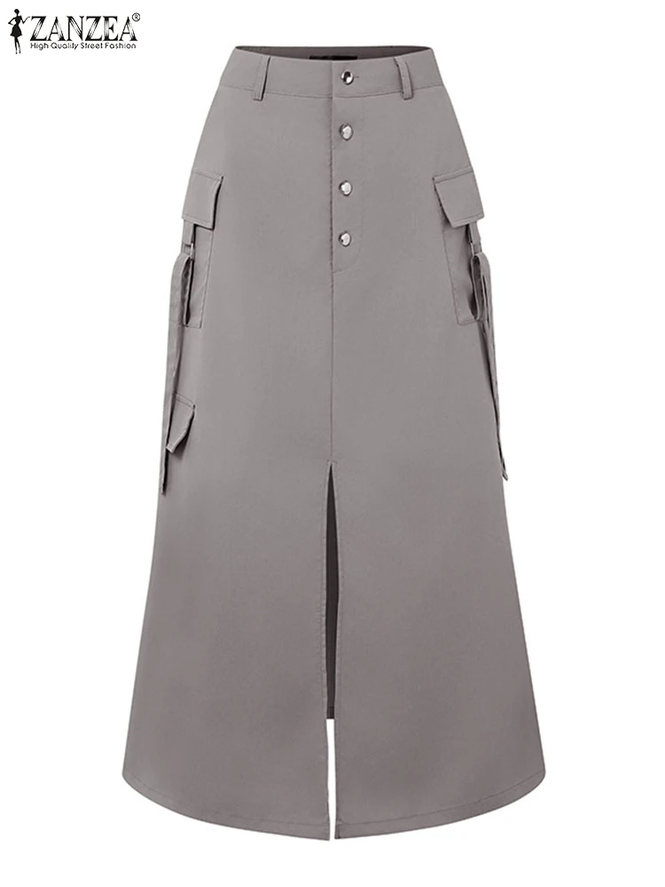 

ZANZEA Women Workwear Street Fashion High Waist Skirts Buttons Pockets Front Split A-Line Overskirts Casual Summer Long Bottoms