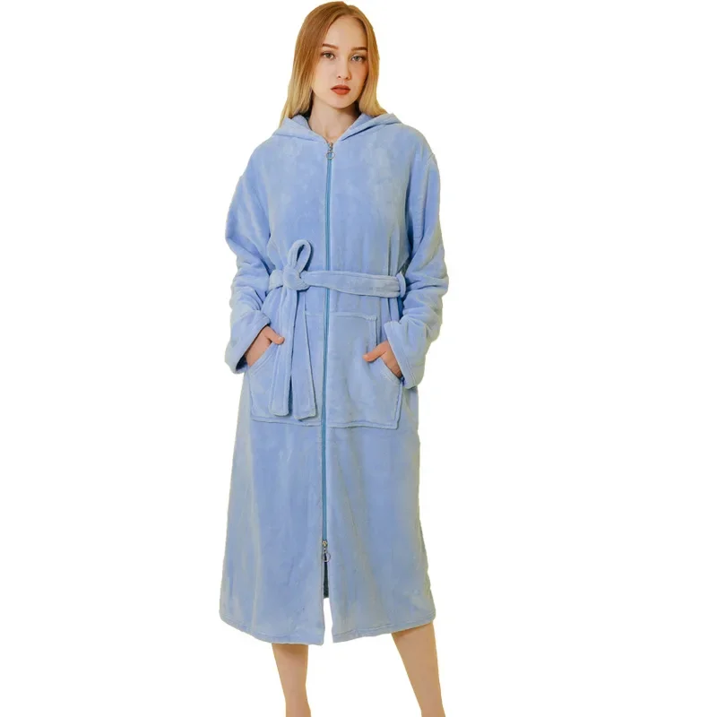 Long Warm Flannel One-Piece Dressing Gown Women Pregnant Zipper Robe Winter Lovers Cozy Kimono Men Sleepwear Loose Homewear