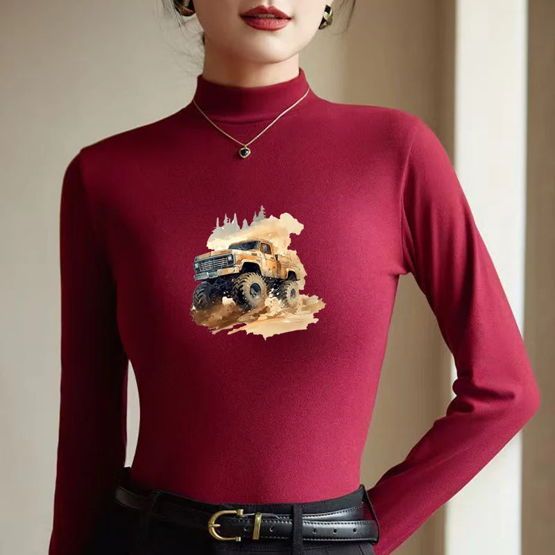 2026 New Autumn Winter Thermal Brushed Fleece Long Sleeve Graphic Print T shirt Blouses Female Warm Shirt Women Top