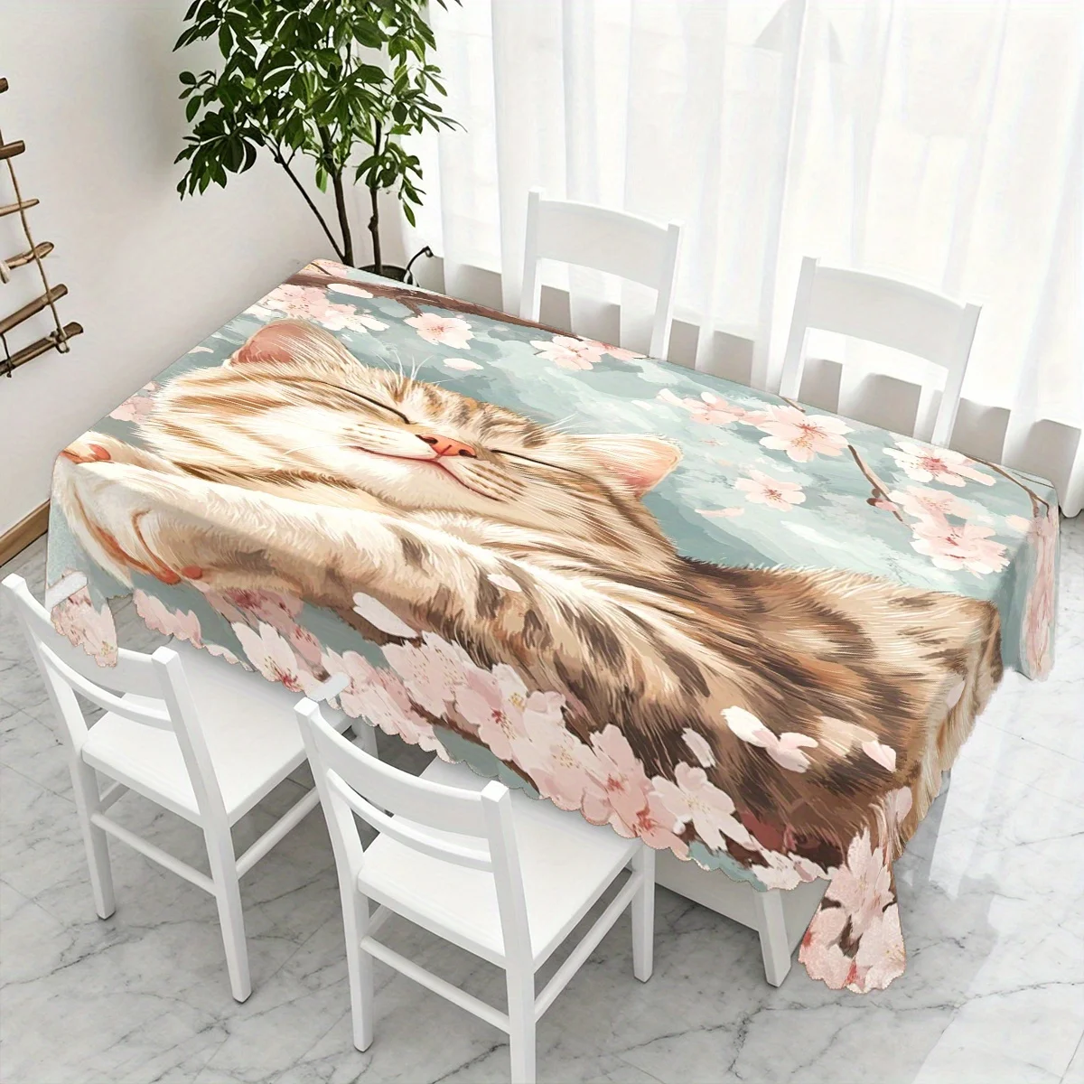 Sleeping Tabby Cat Pink Cherry Blossom Waterproof Tablecloth, Rectangular Cover for Home Dining Cute Pet Theme Party Decor
