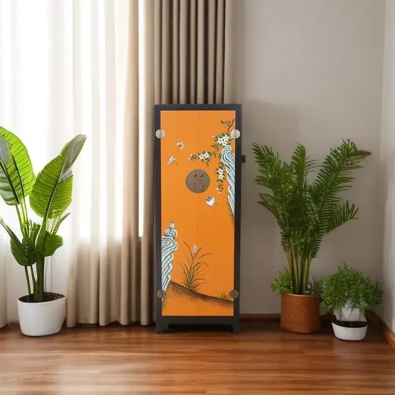 Chinese Orange and Black Flower Bird Painted Wardrobe Solid Wood Classical Double Door Coat Cabinet Antique Bedroom Furniture
