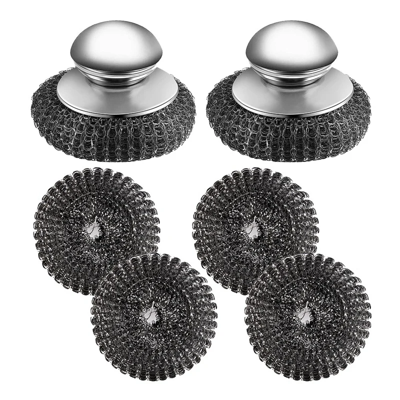 VEHO-2Pcs Stainless Steel Scrubber With Handle, 4 Replacement Scrubber,For Cleaning Cast Iron, Dishes, Kitchen Pots, Grills