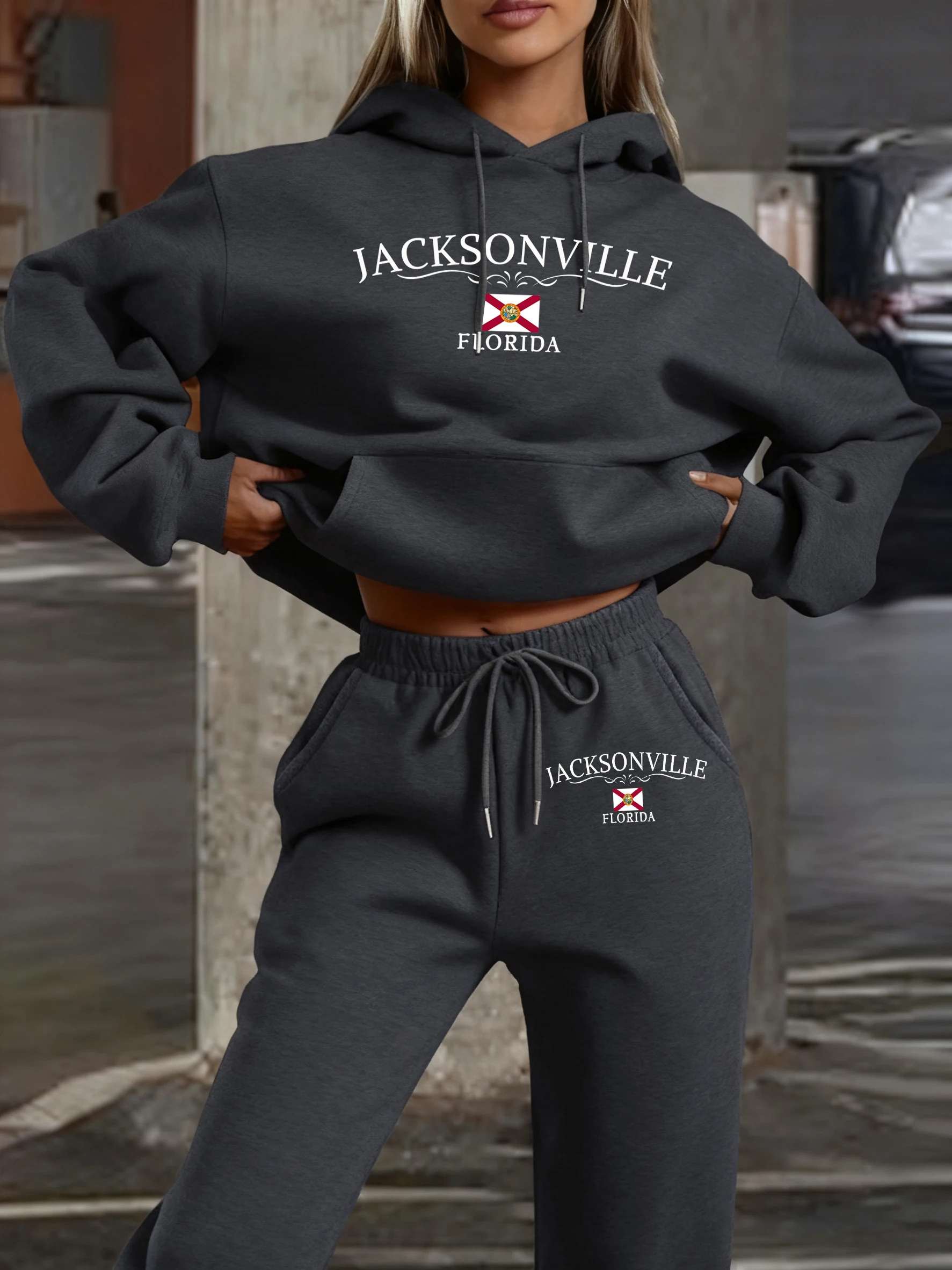 Jacksonvittle Florida Letter Print Jogging Hoody 2 Piece Set Women Fleece Street Sweatshirt Casual Autumn Pants Pocket Soft Suit - Image 3