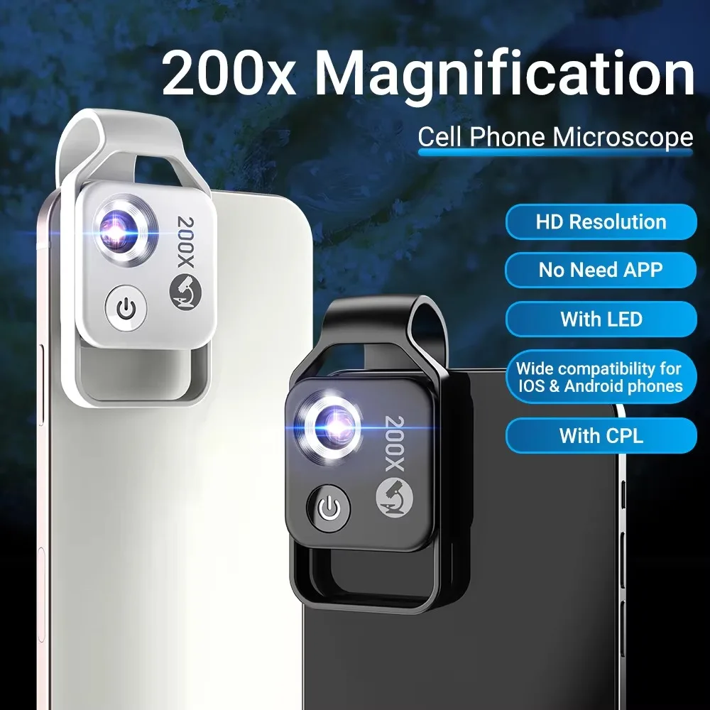 HD 200x Magnification Digital Mini Pocket Microscope Lens with LED Light Super Macro Lens for iPhone Samsung Tablets Smartphones