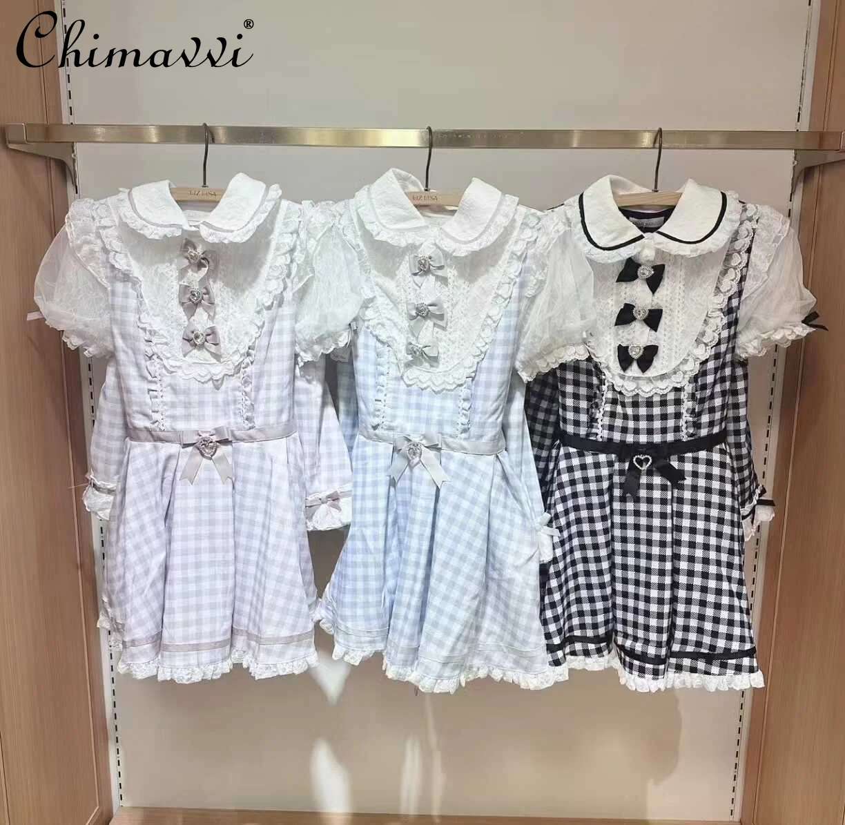 

Japanese Style Mine Sweet Girl Doll Collar Bow Short Sleeve Plaid Dress Set Women's Slim Dress Shorts 2 Piece Set Lolita Outfits