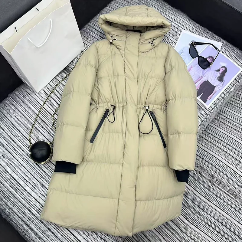 

High quality White goose down jacket women's mid-length winter coat with hood and waist-cinching design 25121125