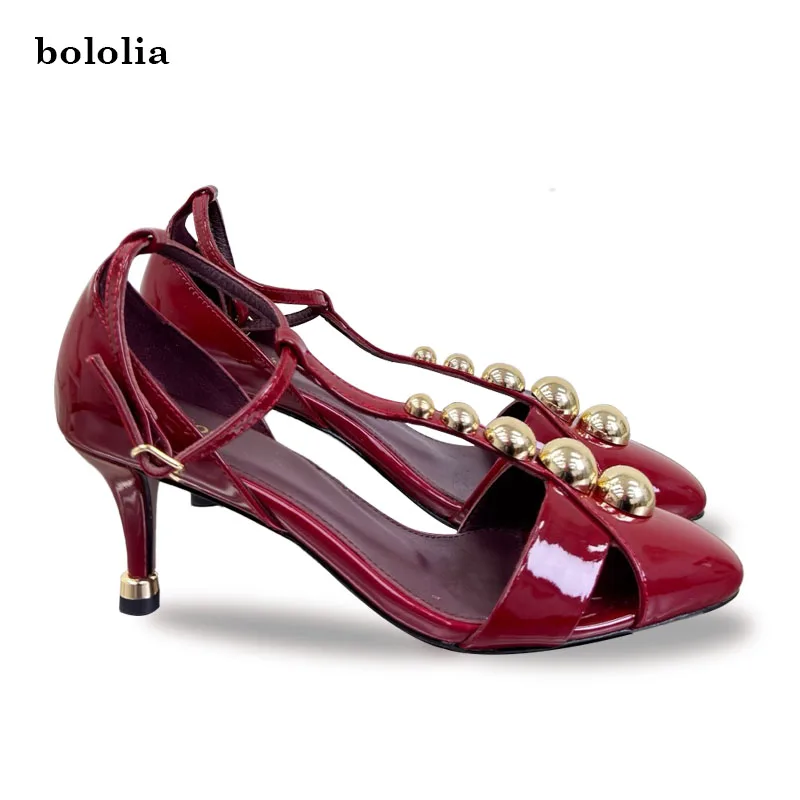 

High Quality Women's Patent Leather Heels Sandals with Gold Metal Rivet T-Strap Ankle Band Pointed Toe Party Fashion Sandals