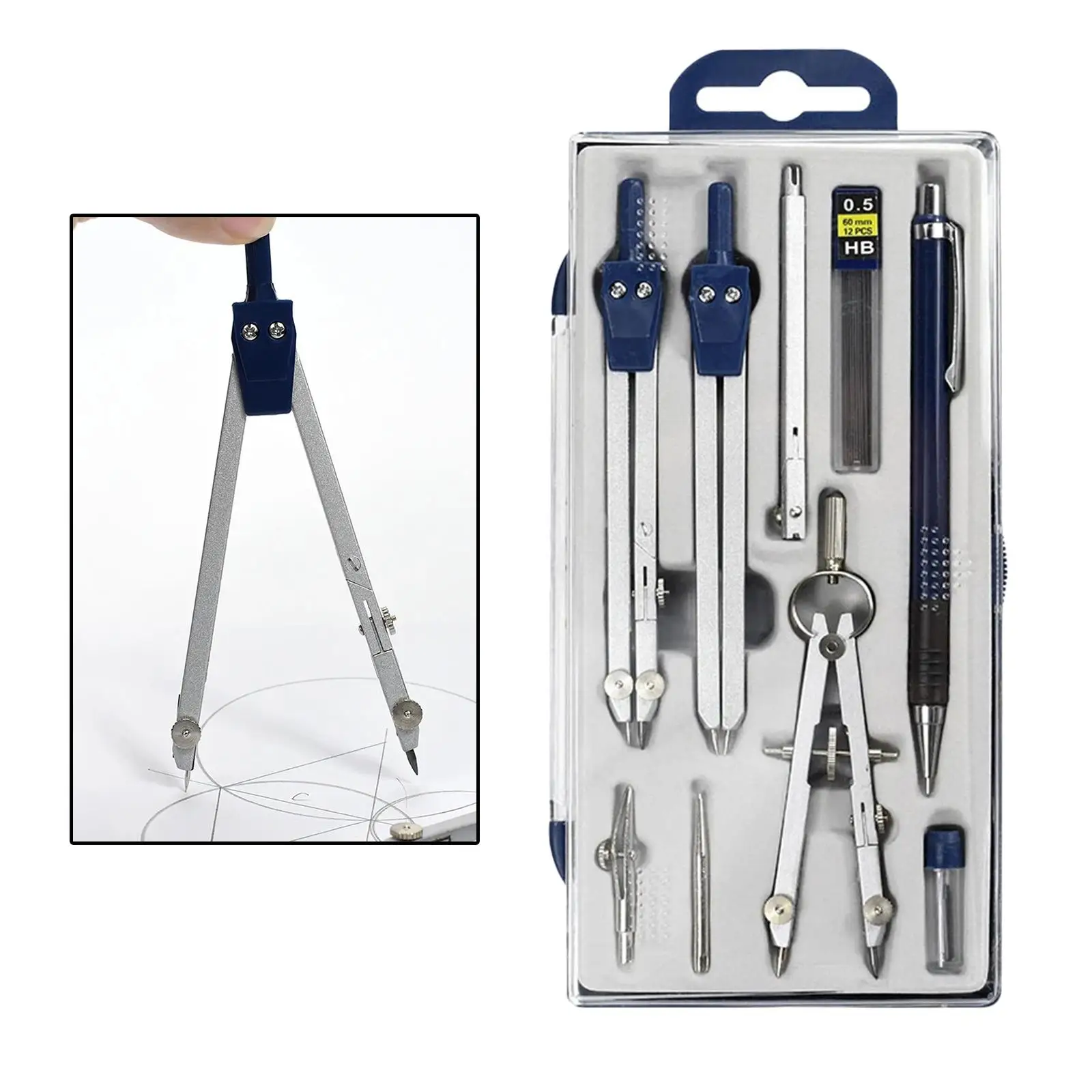 9 Pieces Math Geometry Sets with Storage Box,Includes Compass Replacement Pins, Pencil for Drafting and Drawings
