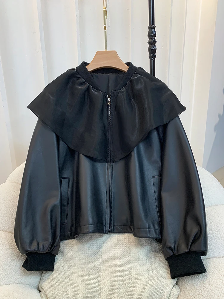 Peter pan collar patchwork organza genuine leather jacket for women fashion loose large size Sheepskin jacket Coats Y4599