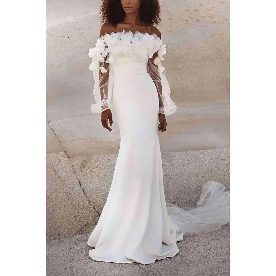 off shoulder Wedding Dresses Mermaid floral Appliques Backless beach boho Princess Bride Dress Vestido De Novia customsized