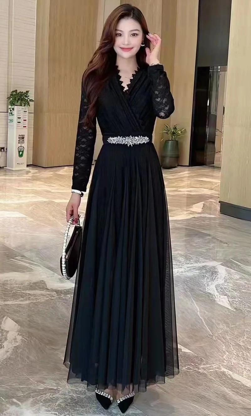 Top Quality New 2023 Spring Long Dress Evening Party Women scollo a v Lace Tulle Mesh Patchwork manica lunga Black Maxi Dress Luxury