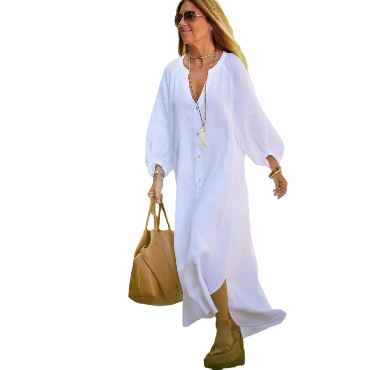 2025 Spring/Summer Women's Solid Color White Lantern Sleeve Casual Shirt Dress Casual Loose Elegant Clothing