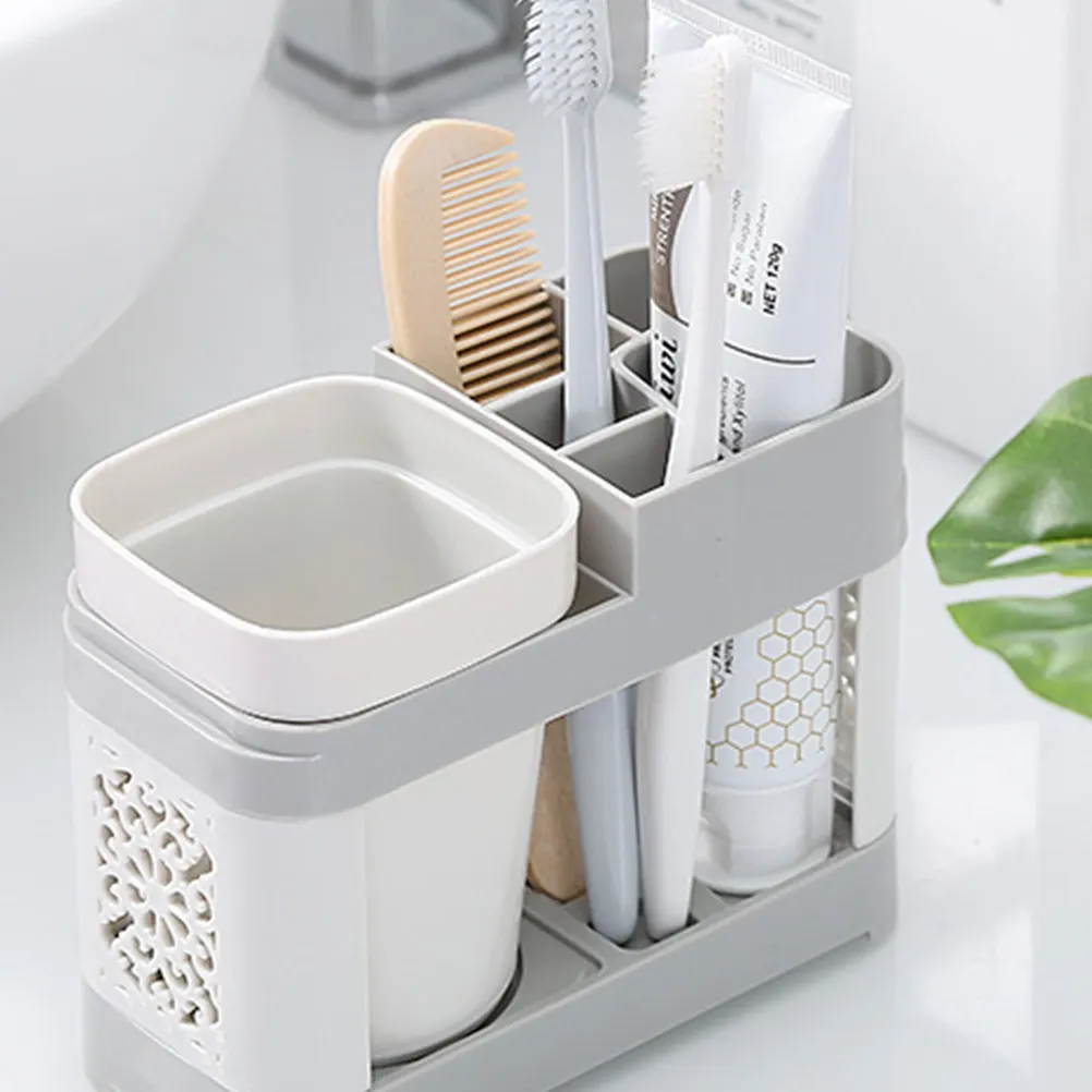 2Pcs Toothbrush Holder Set Safe Hygienic Food Grade PP Desktop Toothbrush Rack with Mug 5 Small Compartments for Home Bathroom