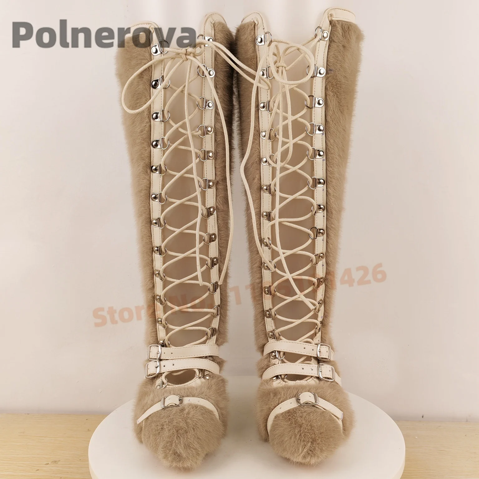 Kniehoge Voorkant Kruis Gebonden Bont Laarzen Vrouwen Uitsparing Holle Gesp Harige Herfst Winter Mode Hoge Hak Catwalk Party Schoenen