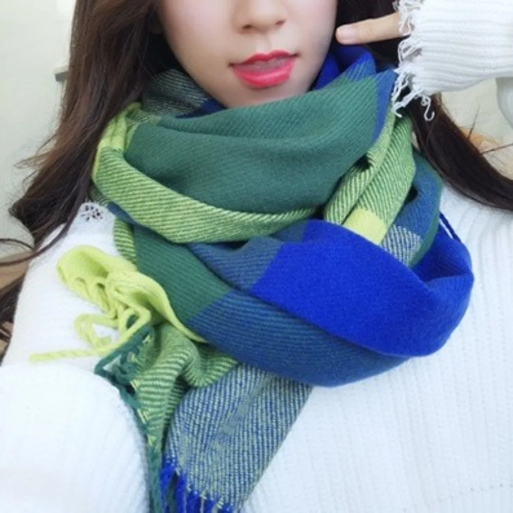 

Simple Windproof Plaid Scarf Keep Warm Tassel Imitation Cashmere Shawl Long Thick Shawl Wrap Women