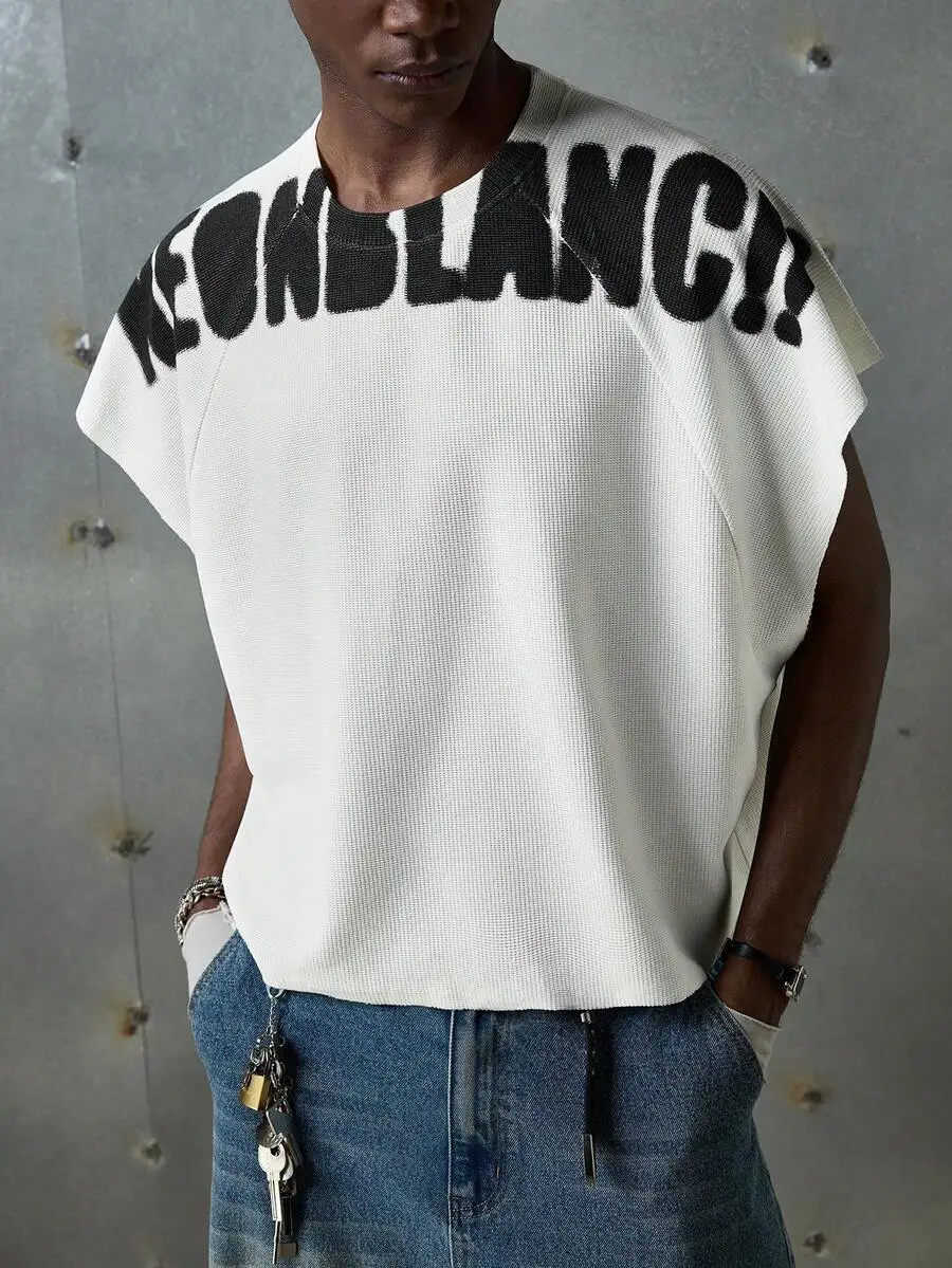 NEON BLANC Men's Street Style White Knitted Graphic Letter Print Round Neck Knitted Tank Top, Suitable For Summer, Vacation,