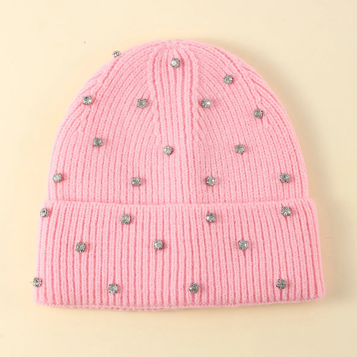Winter Gestrickte Beanie Frauen Mode Strass Perlen Stricken Hüte Damen Casual Skullies Kappe Weibliche Einfarbig Casual Knochen – Detail 8