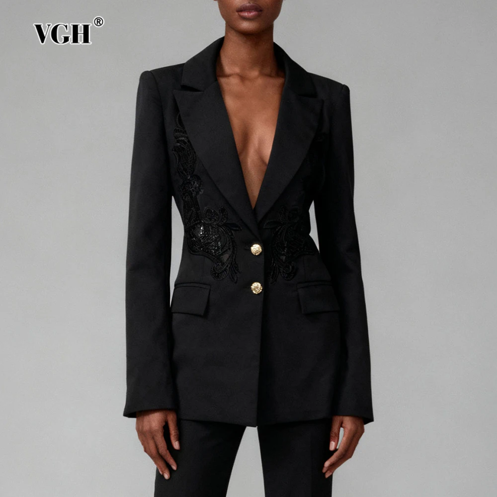 

VGH однотонные блейзеры с вышивкой для женщин с v-образным вырезом и длинными рукавами, осенняя дизайнерская куртка с пуговицами, женская мода
