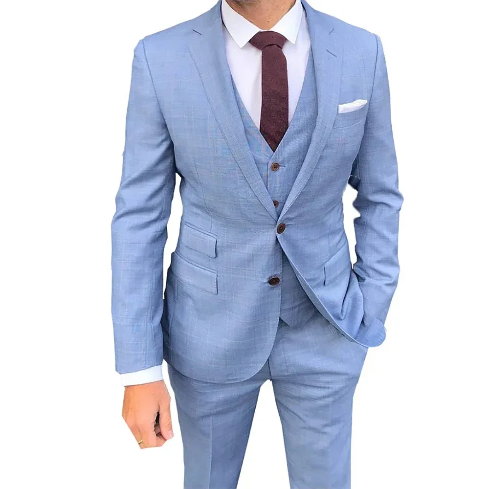 

Latest Blue Lapel Slit Business Mens Suits 3 Pieces Casual Tuxedos for Wedding Groomsmen Suits Male Vestito Uomo Elegante