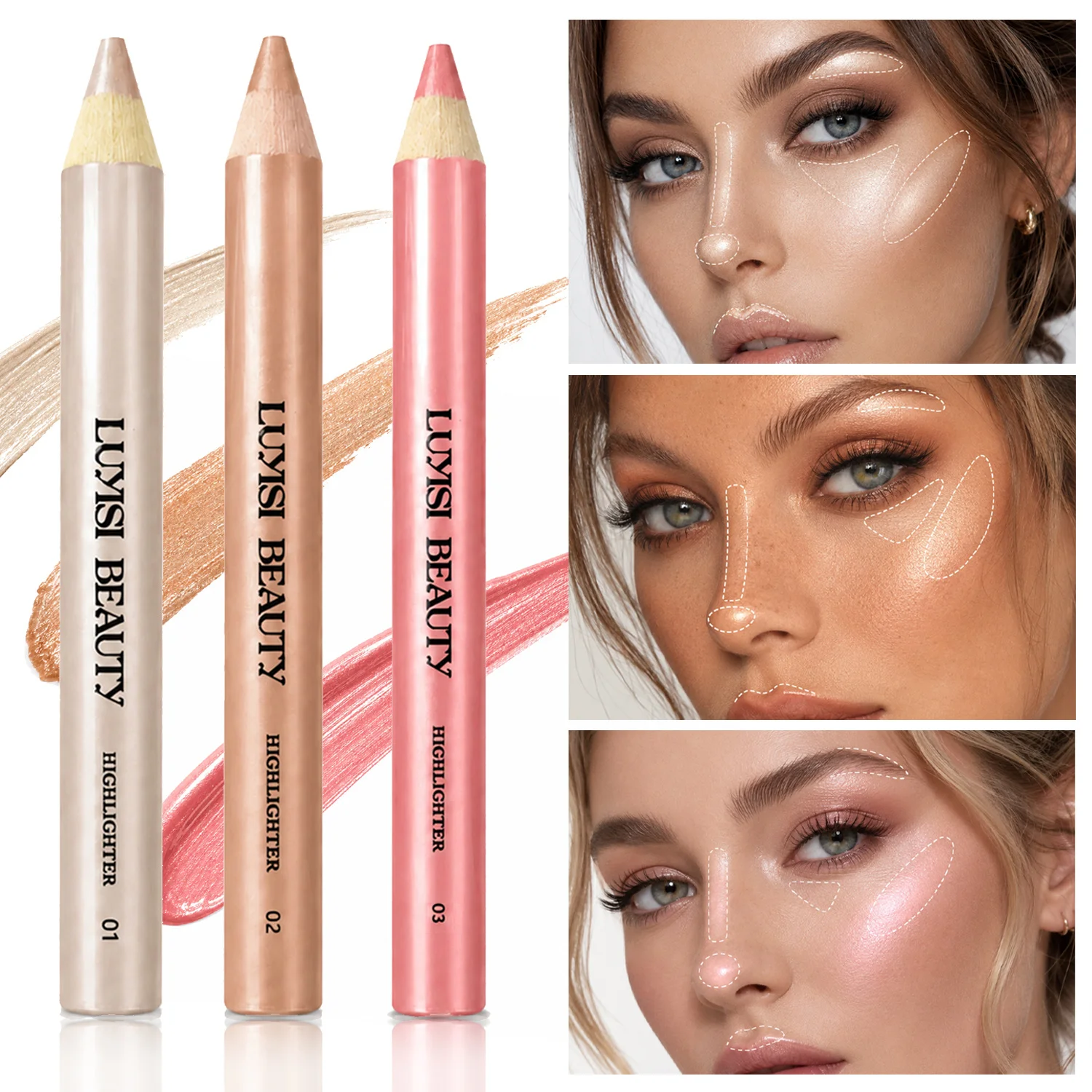 3 Shades Highlighter Pencil,Creamy Pearl Glow Face Highlighting Stick,Smooth Blendable Shimmer Makeup Pencil For Facial.