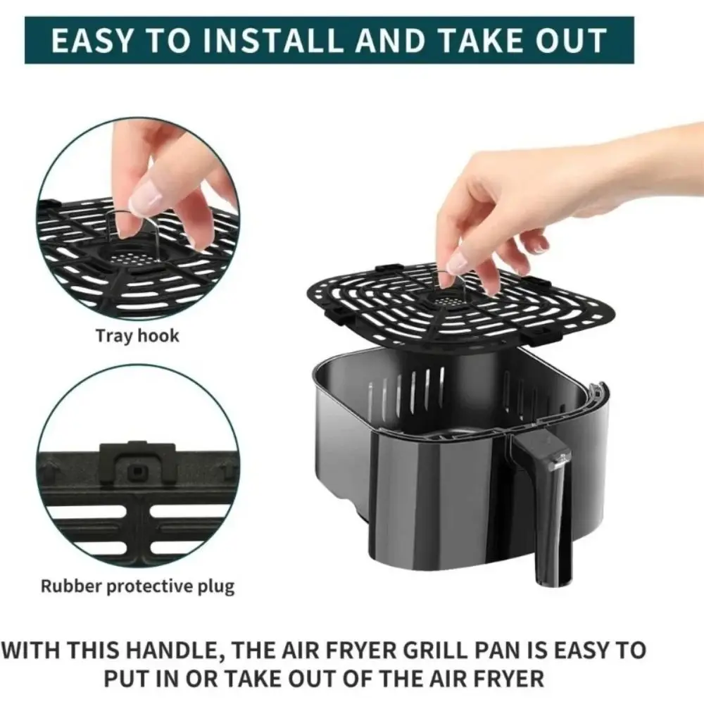 Bandeja cuadrada para freír al aire fácil de limpiar, cesta redonda antiadherente para freír al aire, negra, sin BPA, ac