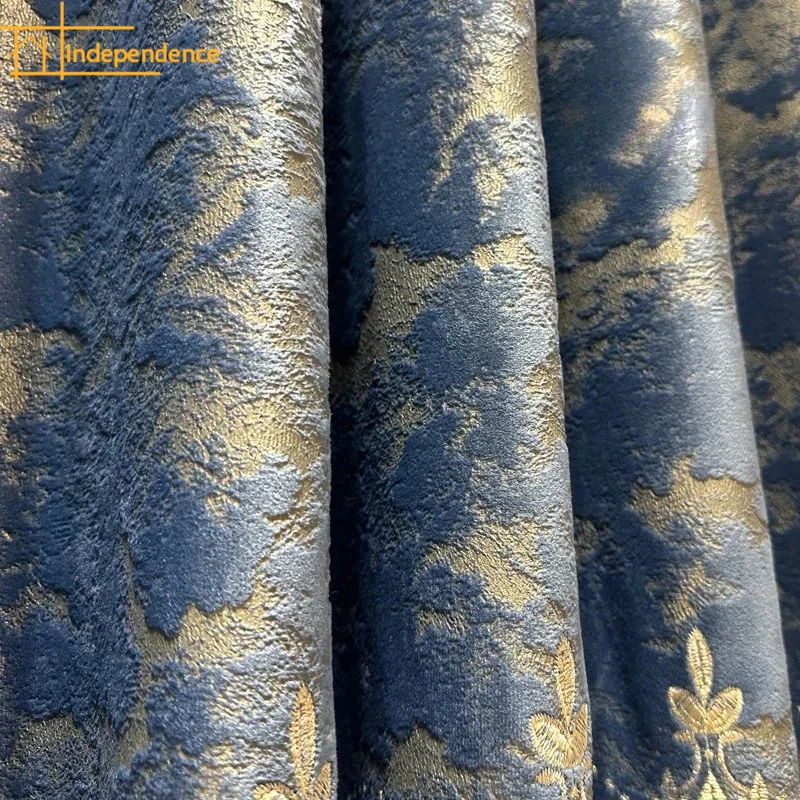 Customized Blue Hollowed Out Embroidery Window Screen Gilded Flannelette Curtains for Living Room Balcony Bedroom French Window