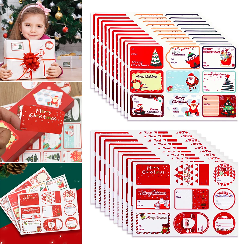 10Sheets Christmas Tags Design Gift Sticker Name Tag Santa Snowmen Xmas Tree Present Seal Label Stickers Gift Box Package Decor