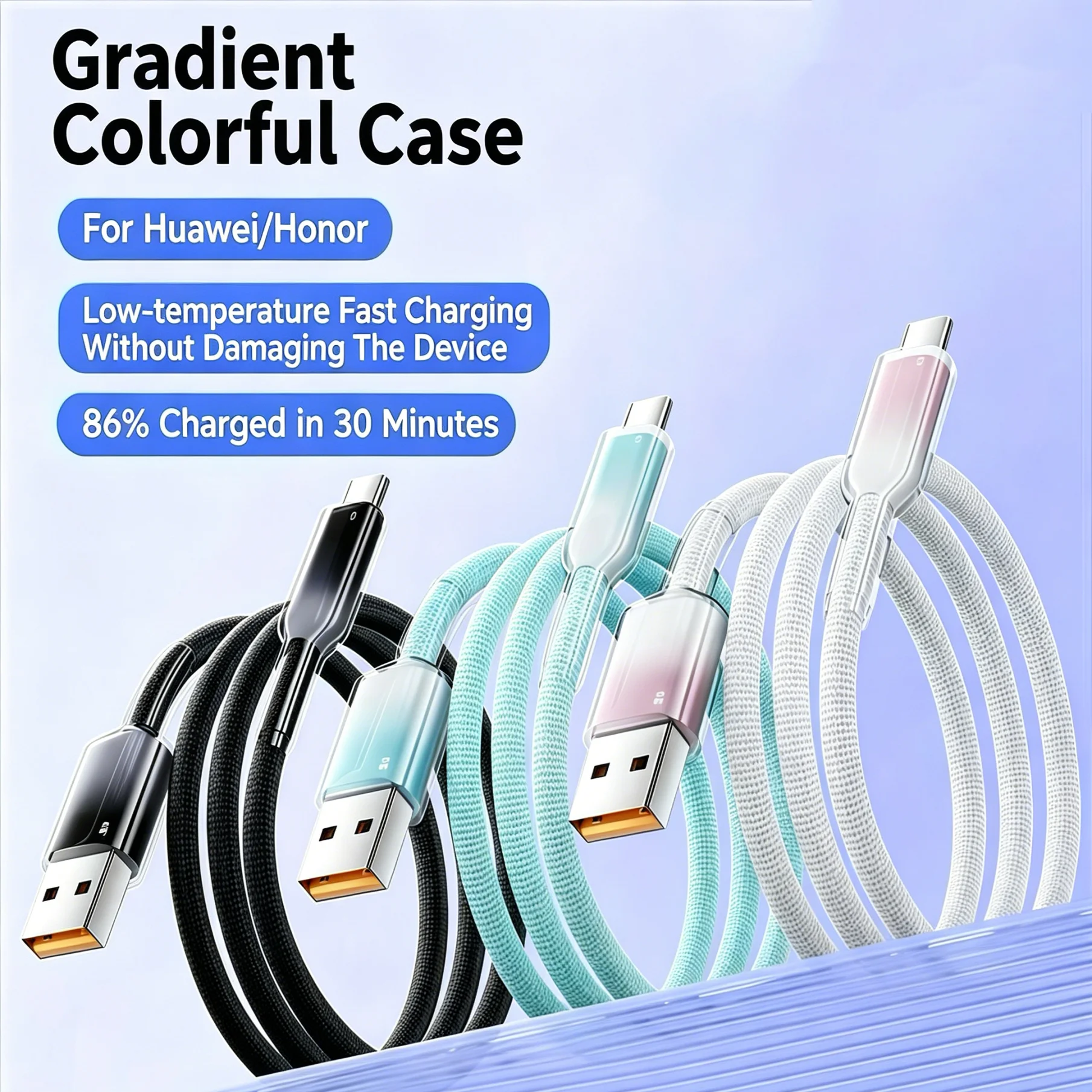 100W High Power Fast Charging Type C Charging Wire Ice Crystal Gradient Colorful Braided Data Transfer Cord  For Samsung  Xiaomi