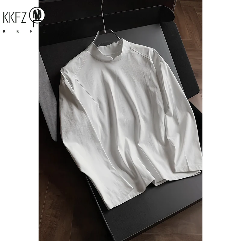 Mens Daily Wear Notched Mock Neck Long Sleeve Tee Solid Plain Fabric Loose Silhouette For Weekend Casual Gathering view 3