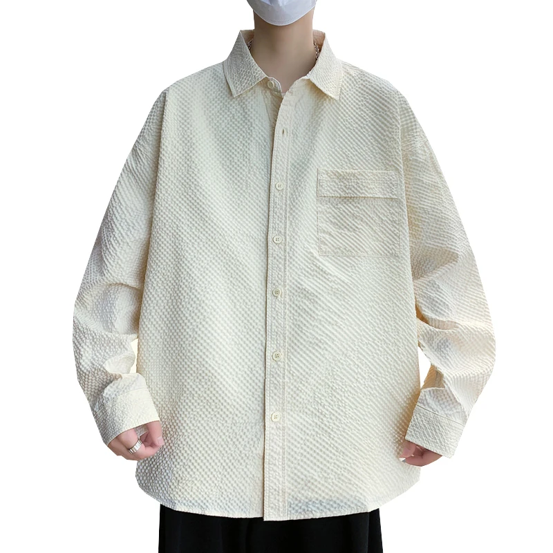 

Men's Trendy Long Sleeve Shirt - Spring Summer New Loose Fit Jacquard Bubble Texture Casual Shirt Minimalist Style Utility Wear