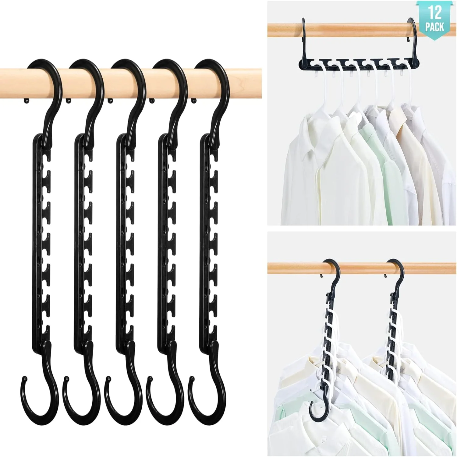 

Sturdy Plastic Space Saving Hangers 12 Pack, Cascading Hangers Organizer Closet Space Saver 80% and Wrinkle Free Clothes, Multi