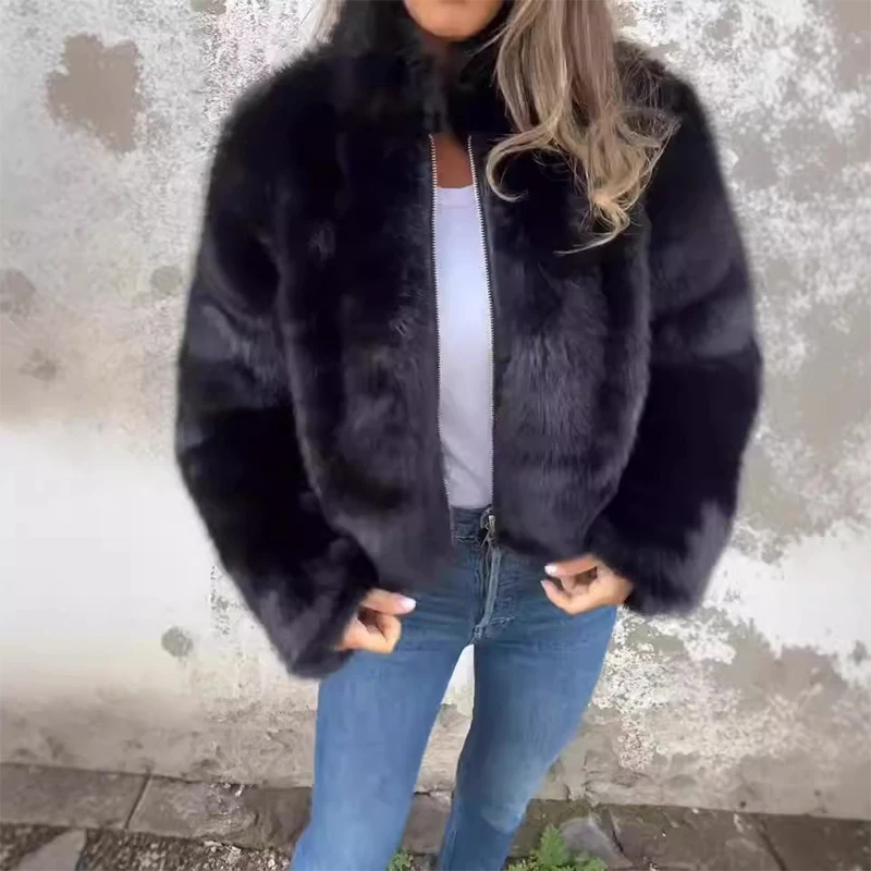 Otoño Invierno moda cálida chaqueta de piel sintética abrigo Vintage mujer cuello alto prendas de vestir de manga larga Chic Casual cremallera ropa de calle