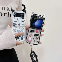 Korean Cute 3D Cat Phone Case For Samsung Galaxy Z Flip 6 5 4 3 Cover with Hand Strap Kawaii Cartoon Silicone Cases Flip5 Flip6
