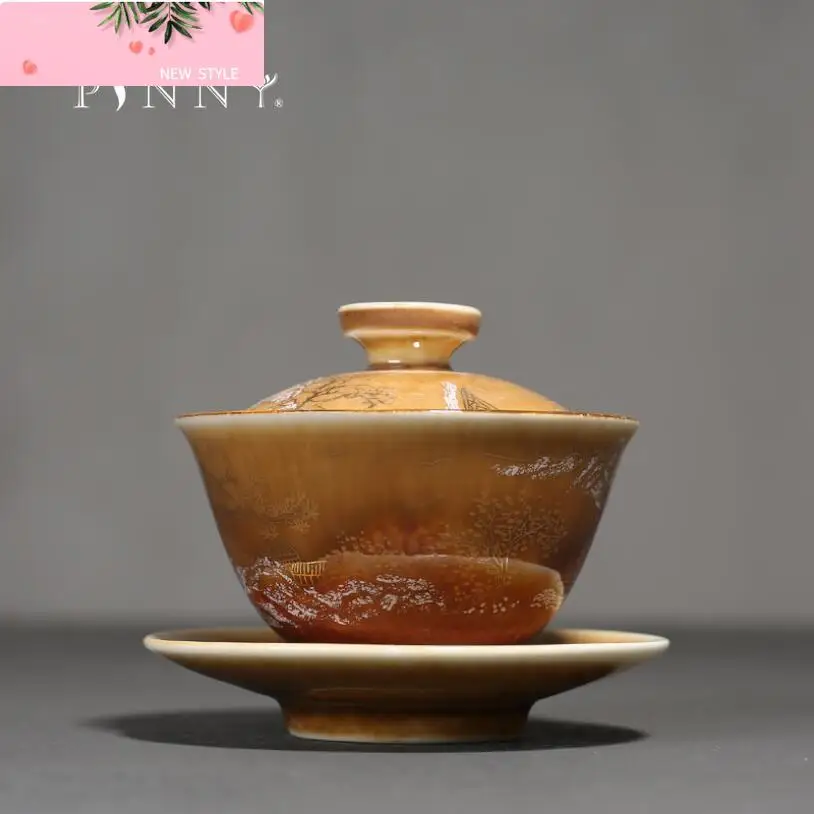 

PINNY-Фарфоровая окрашенная золотым пейзажным покрытием, гавань, пигментированная керамическая чайная варенья кунг-фу, антикварная китайская посуда