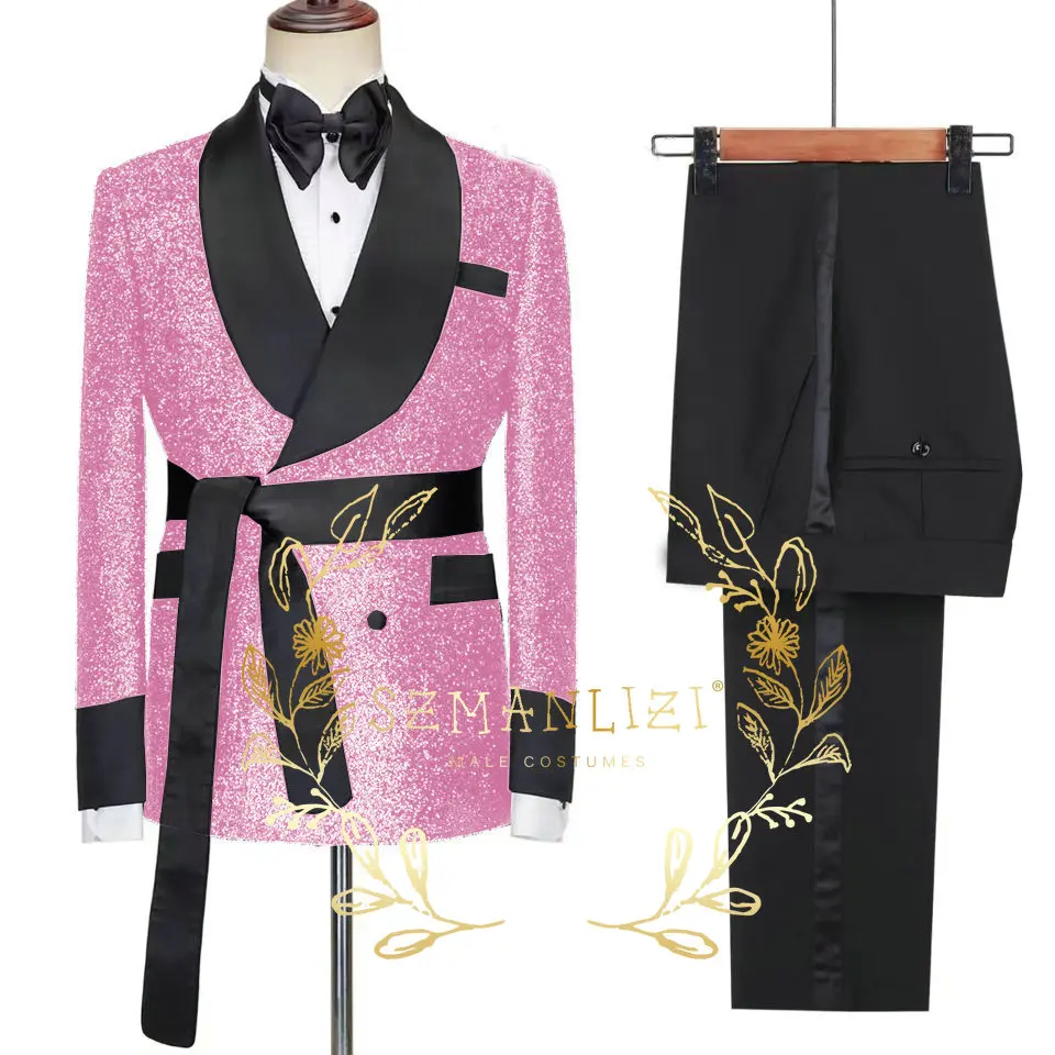 Blazer Sets SetDouble Breasted Gold Shiny Jacket Slim Fit Mens Suits Wedding Groom Tuxedos Party Jacket Pant Terno Masculino