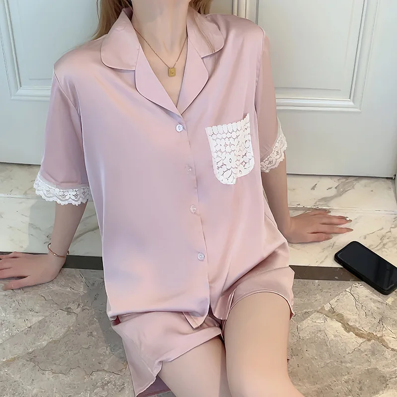 Ice Silk Sleepwear Women Summer Pajamas Sets Short Sleeve Shorts Lace Suit Thin Loungewear Kawaii Clothes Korean Nightwear Solid