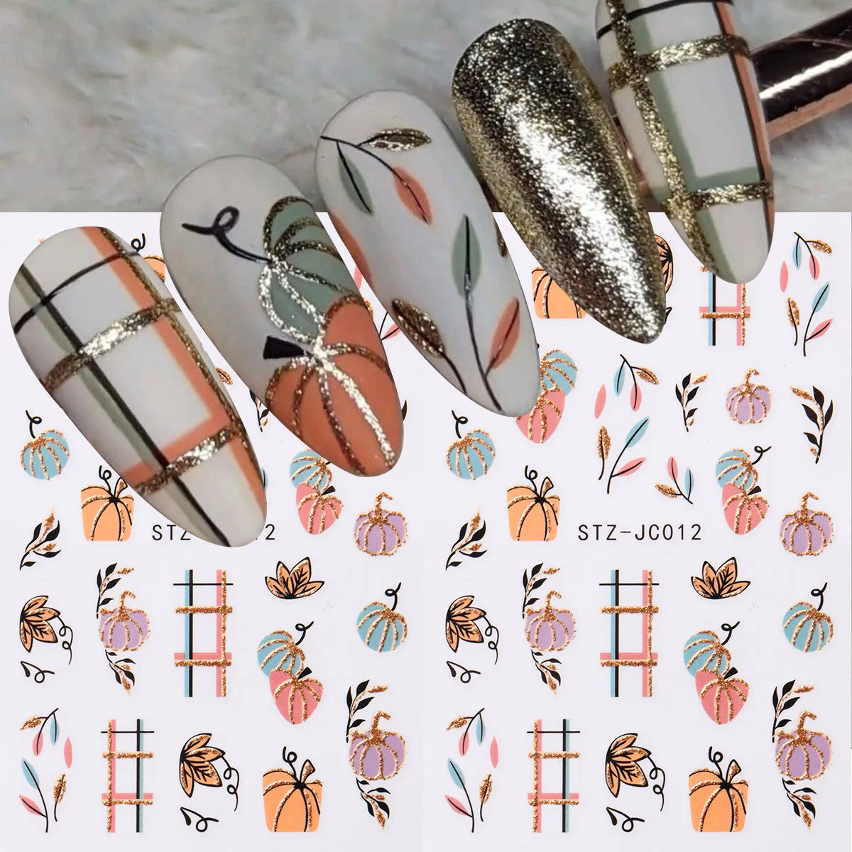 2pcs Cute Golden Glitter Pumpkin Autumn Nail Stickers Halloween Y2K Pumpkin Maple Leaf Fall Leaves Plant Line Grid Nail Decals