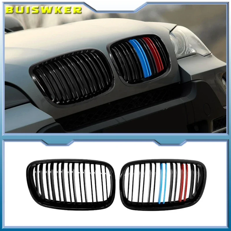 A Pair Left And Right E70 / E71 Gloss Black Double Slat Kidney Grille Front Bumper Grill For BMW X5 X6 2007-2013