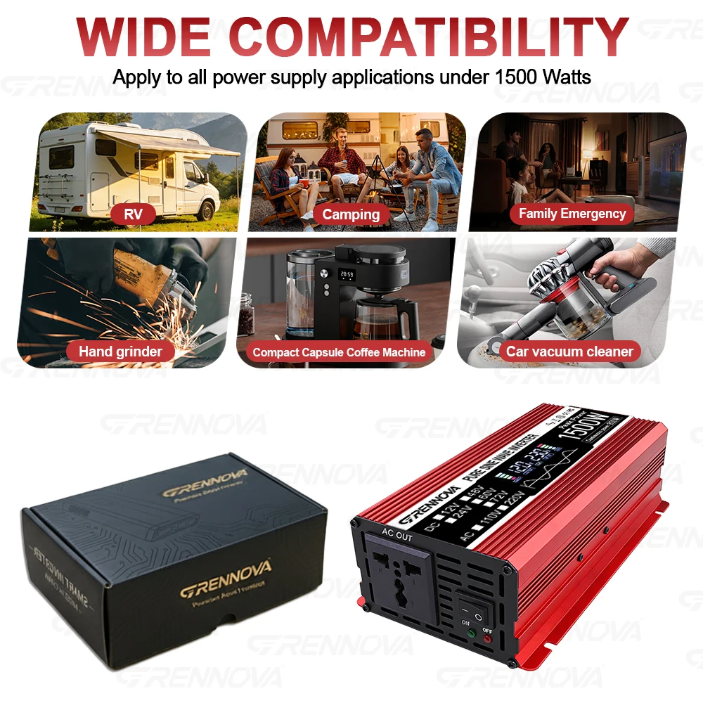 500W-2600W Peak Pure Sine Wave Power Solar Inverter TV 400W-1300W Rated DC 12V 24V 48V 60V 72V To 110V 220V for Home Emergency