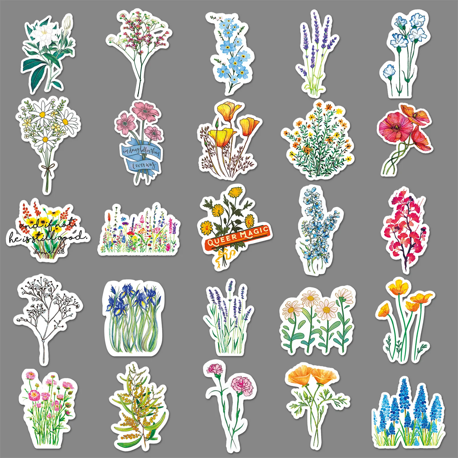 สติกเกอร์ลายดอกไม้จากพืช 10/30/50 ชิ้น สติกเกอร์ตกแต่งขนาดเล็ก สไตล์สดใส สำหรับตกแต่งกีตาร์ กันน้ำ